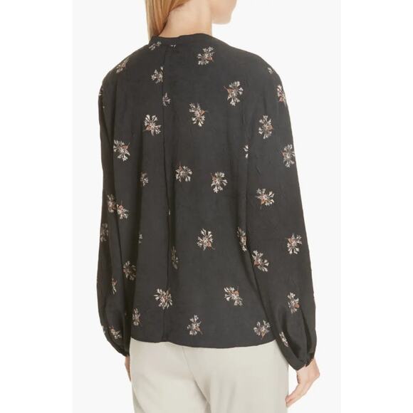 Vince Tossed Bouquet Tie Neck Blouse Top Long Sleeve Black Floral Womens XS NWT - Picture 2 of 8